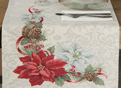 Bieżnik świąteczny 40x100 1198 gobelinowy srebrzysty z gwiazdką betlejemską i połyskującą srebrną nicią