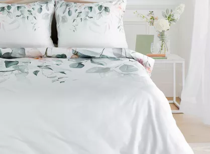 Pościel z makosatyny 220x200 JULIET biała zielona wzór kwiatowy dwustronna Premium