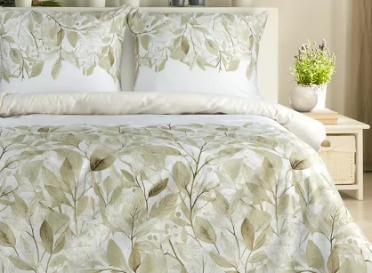 Pościel satynowa 220x200 SPRING 70 biała z beżowym wzorem roślinnym z kolekcji Classic
