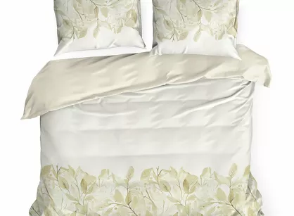 Pościel satynowa 220x200 SPRING 70 biała z beżowym wzorem roślinnym z kolekcji Classic