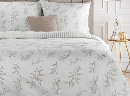 Pościel satynowa 220x200 RAYA 1 biała beżowa w liście