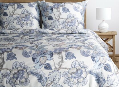 Pościel z makosatyny 220x200 PREMIUM 34 biała jasny niebieski kwiatowy wzór Premium
