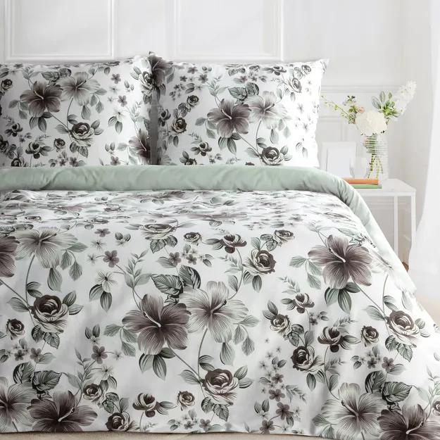 Pościel satynowa 220x200 SPRING 67 biała stalowo miętowy wzór roślinny