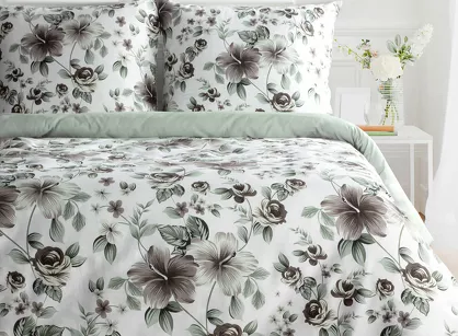 Pościel satynowa 220x200 SPRING 67 biała stalowo miętowy wzór roślinny