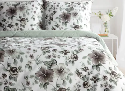 Pościel satynowa 220x200 SPRING 67 biała stalowo miętowy wzór roślinny