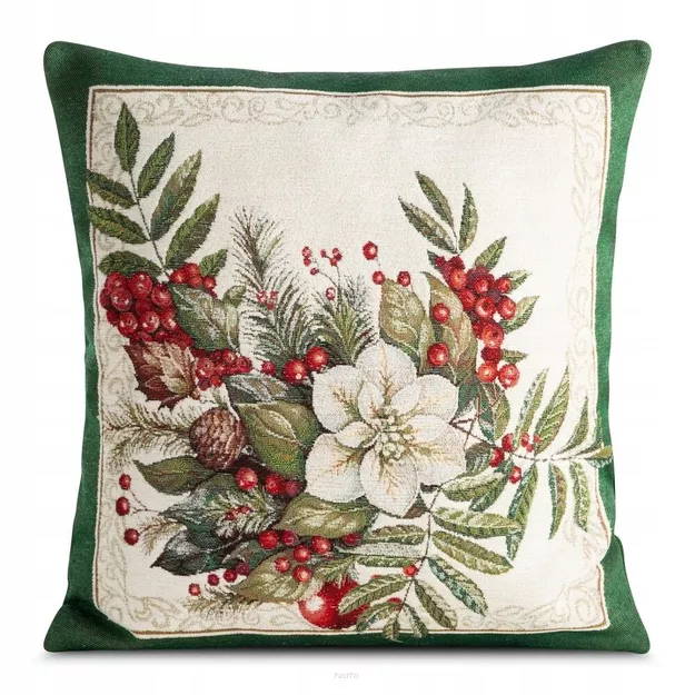 Poszewka świąteczna 45x45 4115 gobelinowa z szenili naturalna zielona z gwiazdą betlejemską