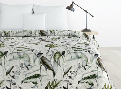 Narzuta welwetowa 200x220 ELLEN biała pikowana z wzorem egzotycznych oliwkowych liści