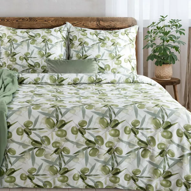 Pościel satynowa 140x200 SPRING 84 biała zielona z wzorem roślinnym z kolekcji Classic