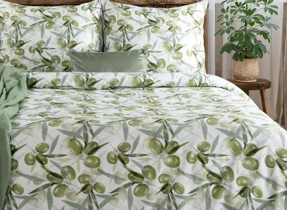 Pościel satynowa 140x200 SPRING 84 biała zielona z wzorem roślinnym z kolekcji Classic