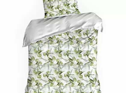 Pościel satynowa 140x200 SPRING 84 biała zielona z wzorem roślinnym z kolekcji Classic