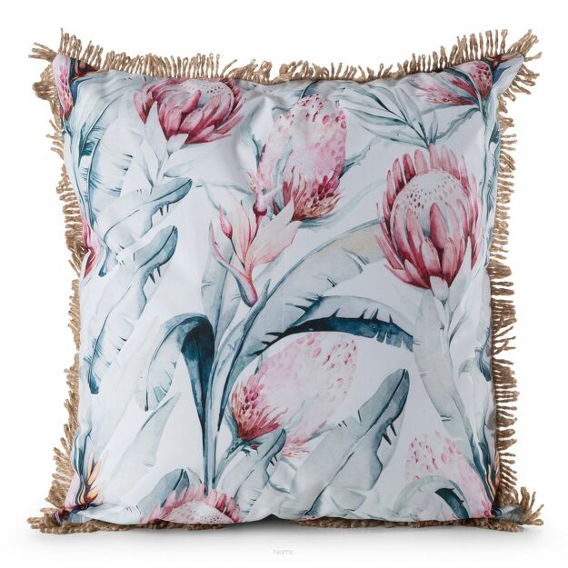 Poszewka na taras 45x45 GARDEN 32B biała wodoodporna niebieski motyw kwiatowy z frędzlami