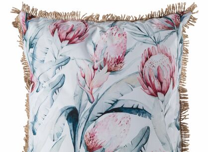 Poszewka na taras 45x45 GARDEN 32B biała wodoodporna niebieski motyw kwiatowy z frędzlami