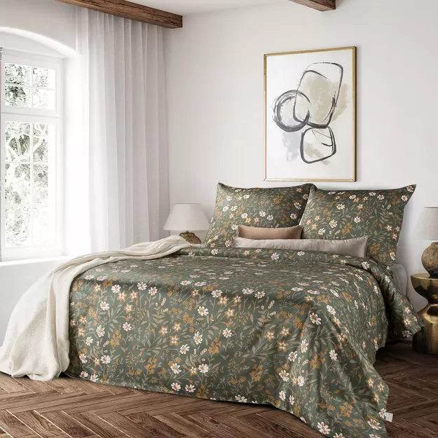 Pościel z makosatyny 160x200 REINA 48 ciemna oliwka z wzorem kwiatów z kolekcji Reina Line