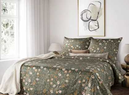 Pościel z makosatyny 160x200 REINA 48 ciemna oliwka z wzorem kwiatów z kolekcji Reina Line
