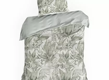 Pościel satynowa 140x200 SPRING 48 biała z miętowym nadrukiem egzotycznych liści