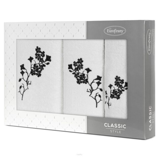 Komplet ręczników 3 szt. BLOSSOM białe z haftowanym czarnym wzorem kwiatowym w kartonowym pudełku