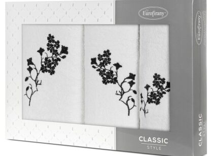 Komplet ręczników 3 szt. BLOSSOM białe z haftowanym czarnym wzorem kwiatowym w kartonowym pudełku