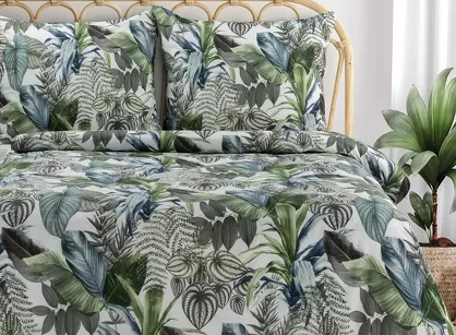 Pościel bawełniana 160x200 DAVOS 2B biała z wzorem egzotycznych zielonych liści