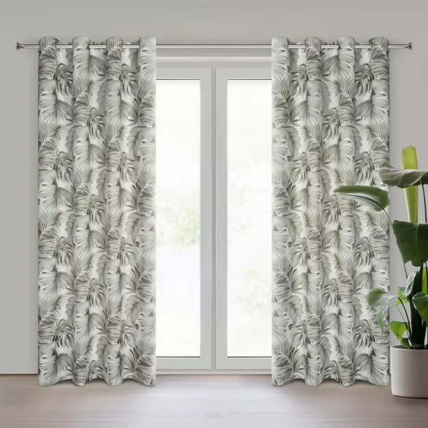Zasłona na przelotkach 140x250 ZORA zaciemniająca biała z nadrukiem egzotycznych beżowych liści monstery