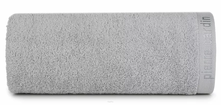 Ręcznik 70x140 EVI Pierre Cardin srebrny zdobiony bordiurą w kolorze ręcznika z logo marki