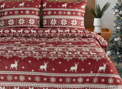 Pościel świąteczna 220x200 OSLO czerwono biała wzór skandynawski z bawełny renforce