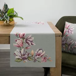 Bieżnik gobelinowy 40x100 1214 popielaty z wzorem różowych kwiatów magnolii