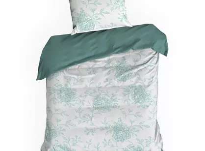 Pościel satynowa 140x200 SPRING 85 biała z wzorem jasno miętowych hortensji z kolekcji Classic