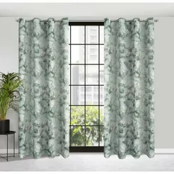 Zasłona gotowa na przelotkach 140x250 GRACJA zaciemniająca miętowa z wzorem białych kwiatów magnolii
