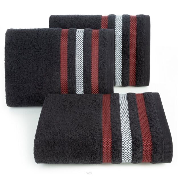 Ręcznik bawełniany 70x140 GRACJA czarny z welurową bordiurą w 3 pasy z dodatkiem lśniącej nici