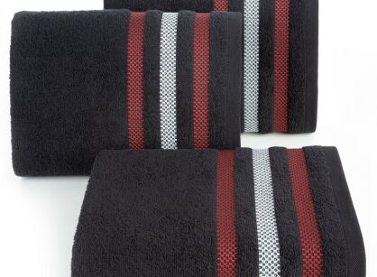 Ręcznik bawełniany 70x140 GRACJA czarny z welurową bordiurą w 3 pasy z dodatkiem lśniącej nici