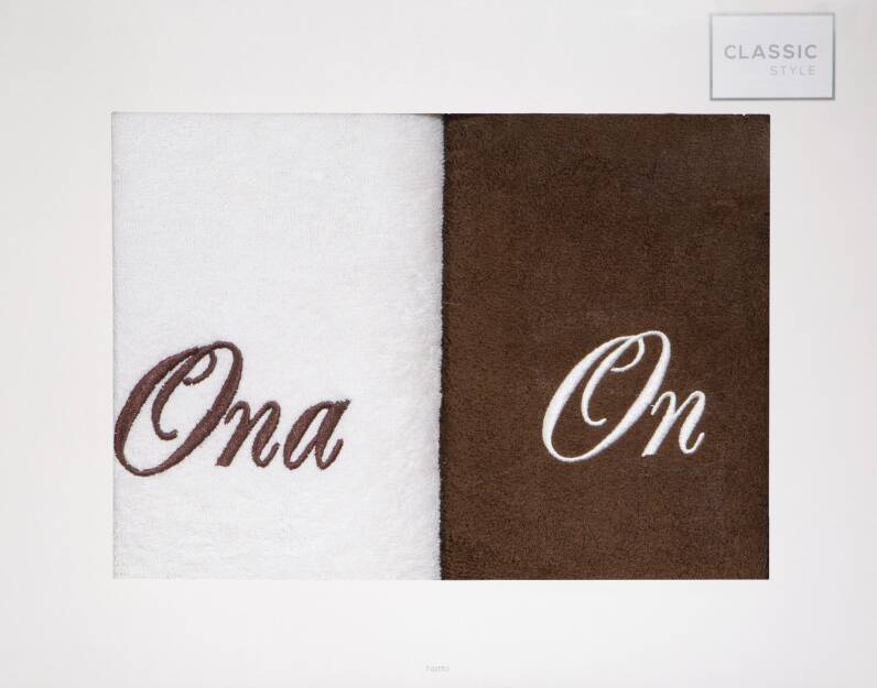 Komplet ręczników 2x70x140 ON ONA kremowe brązowe haftowane w kartonowym pudełku