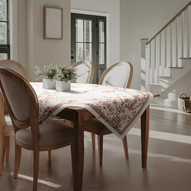 Obrus gobelinowy 140x180 THAI naturalny różowy wzór kwiatu wiśni