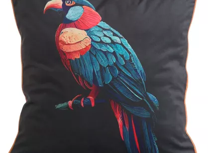 Poszewka welwetowa 45x45 VELVET 136 czarna z designerskim niebieskim wzorem botanicznym obszyta lamówką