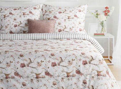 Pościel satynowa 220x200 RAYA 2 biała beżowa wzór roślinny