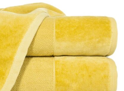 Ręcznik bawełniany 50x90 LUCY musztardowy gładki z welurową szeroką bordiurą