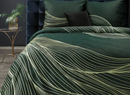 Pościel z makosatyny 180x200 PREMIUM 3 ciemna zieleń z falującym złotym wzorem z kolekcji Premium