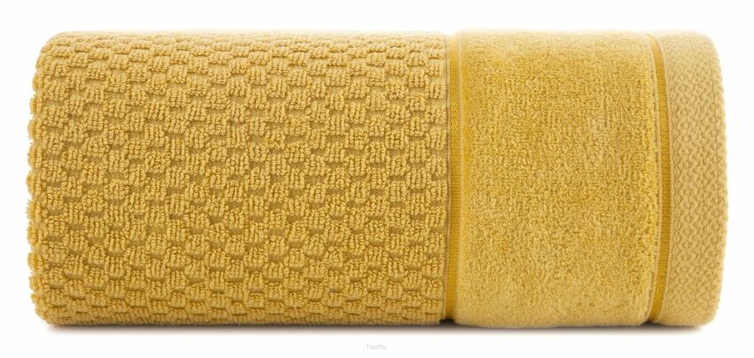 Ręcznik 30x50 FRIDA musztardowy z fakturą kosteczki i szeroką welurową bordiurą 500 g/m2