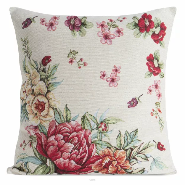 Poszewka gobelinowa 45x45 GRIA naturalna różowa z nadrukiem kwiatów piwonii