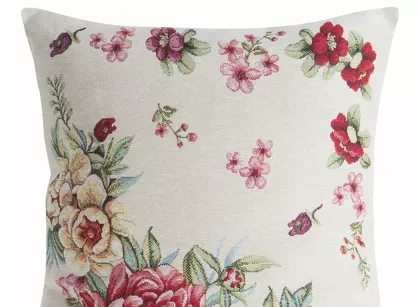 Poszewka gobelinowa 45x45 GRIA naturalna różowa z nadrukiem kwiatów piwonii