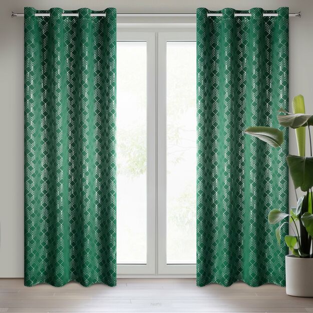 Zasłona na przelotkach 140x250 POLI zaciemniająca zielona ze srebrnym geometrycznym nadrukiem Design 91