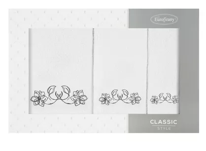 Komplet ręczników 3 szt. LILA białe z haftowanym czarnym wzorem kwiatowym w kartonowym pudełku