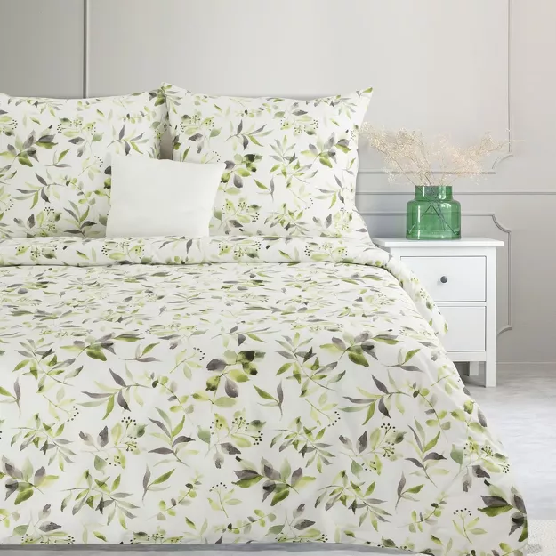 Pościel bawełniana 140x200 MILI biała z wzorem zielonych listków z kolekcji Classic