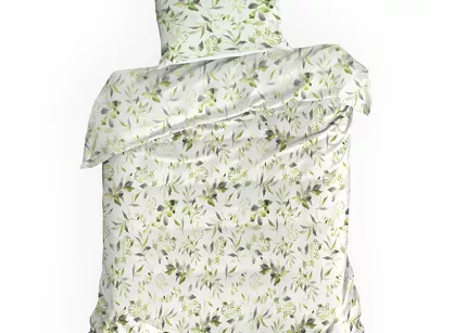 Pościel bawełniana 140x200 MILI biała z wzorem zielonych listków z kolekcji Classic