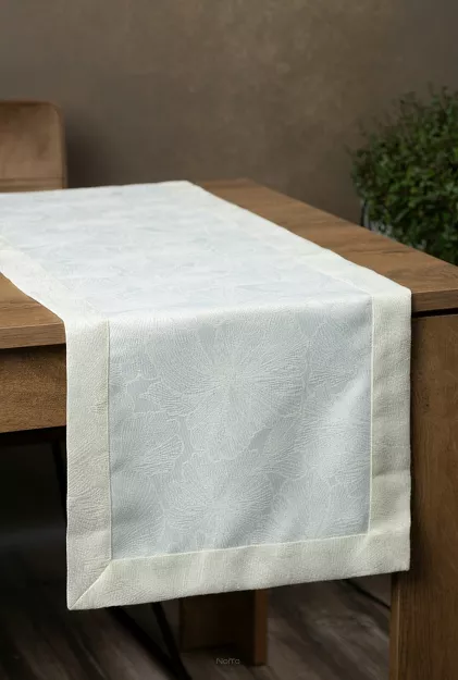 Bieżnik 40x180 LILIAN kremowy wzór roślinny z nicią złotą wykończony listwą