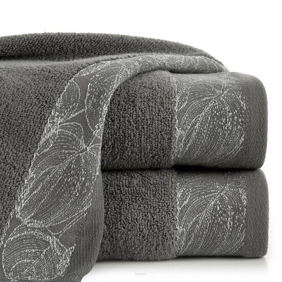 Ręcznik bawełniany 70x140 AGIS stalowy puszysty z żakardową bordiurą liści lilii wodnej