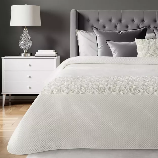 Narzuta welwetowa 170x210 ROSES Eva Minge kremowa z pasem róż 3D Premium