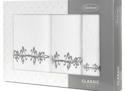 Komplet ręczników 3 szt. KAMELIA białe z haftowanym grafitowym wzorem delikatnych listków w kartonowym pudełku