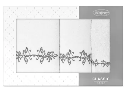 Komplet ręczników 3 szt. KAMELIA białe z haftowanym grafitowym wzorem delikatnych listków w kartonowym pudełku