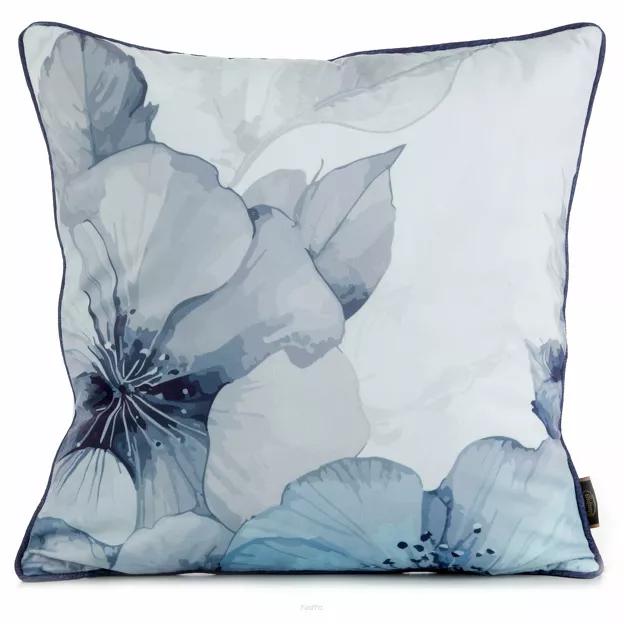 Poszewka welwetowa 45x45 VELVET 132 kremowa z designerskim niebieskim wzorem botanicznym obszyta lamówką