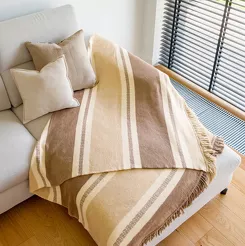 Koc bawełniany 150x200 1228-1 beżowy brązowy z frędzlami